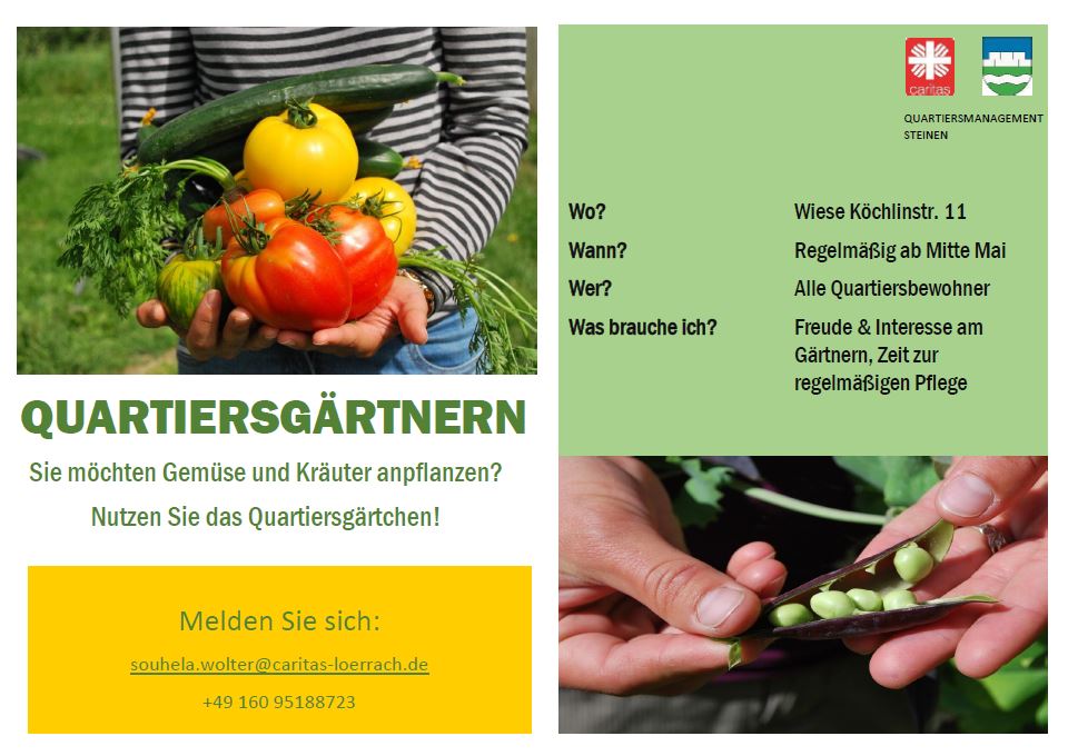 Flyer mit Bildern von Gemüse ud Text: Quartiersgärtnern - Sie möchten Kräuter und Gemuese anpflanzen? Nutzen Sie unseren Quartiersgarten